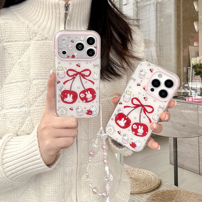 Cute Cartoon Wrist Strap Silicone Case - Coque de téléphone scintillante Miffy cerise
